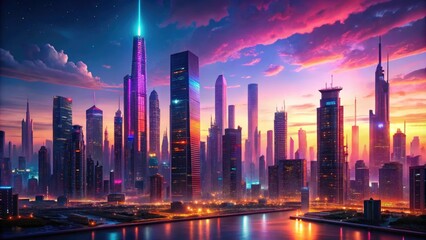 Fototapeta premium Fantastical cityscape at sunset with towering skyscrapers and neon lights, vibrant, skyscrapers, modern, urban, buildings