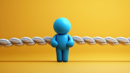 Balancing act of life a blue figure on a rope minimalist style abstract art yellow background close-up resilience concept