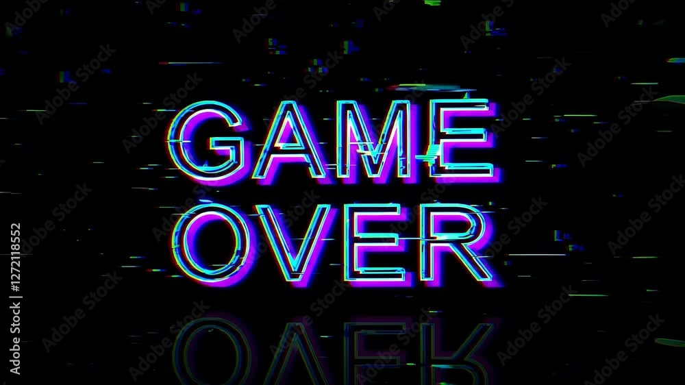 Poster glitchy game over text on black background, retro video game concept
