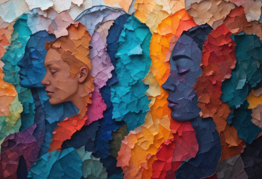 Colorido mosaico de siluetas humanas superpuestas, elaborado a partir de capas de papel con iluminaci&oacute;n suave y profundidad
