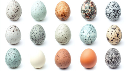Collection of various speckled and solid eggs isolated on white background.