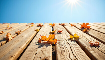 Autumn leaves on wooden plank surface under blue sky