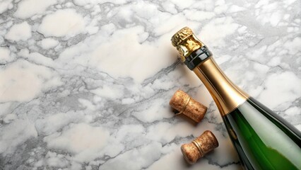 Freshly opened bottle of champagne with a cork on a marble surface, gourmet food pairing, luxury, sophistication