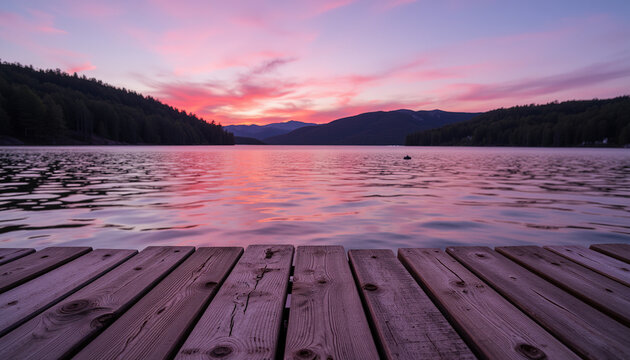 Tranquil sunset over lake with wooden dock