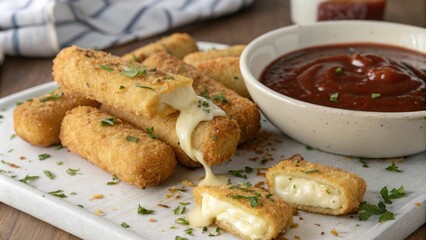 Fried mozzarella sticks with a side of tangy BBQ sauce, mozzarella stick, fried cheese, dipping sauce