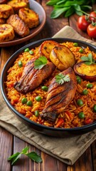 Fototapeta premium Jollof rice with fried plantains and grilled chicken, African cuisine, vibrant and hearty