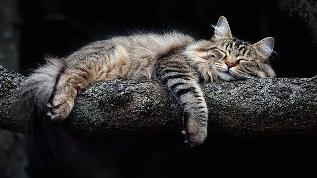 Maine coon cat resting on tree branch.