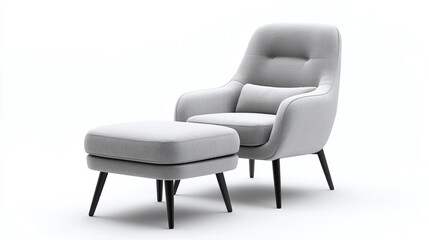 Obraz premium Modern gray accent chair with matching ottoman and slim black metal legs, isolated on white background, stylish and comfortable seating for living room or lounge.