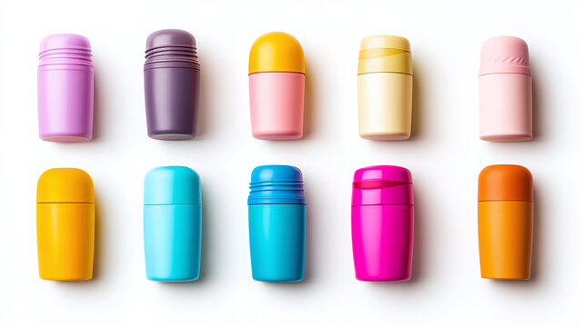 Set of colorful deodorant containers in various shapes and designs, isolated on white background, blank packaging for cosmetic products, personal care and hygiene items.