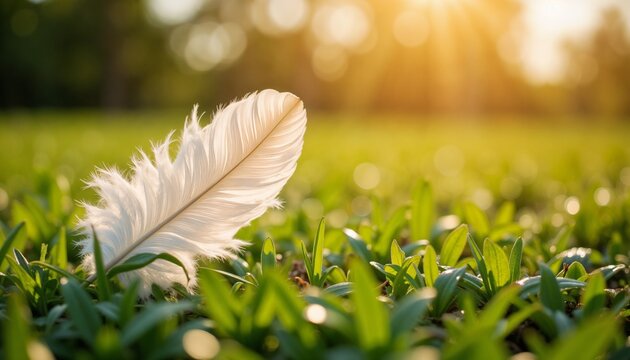 Fototapeta White feather resting on green grass under warm sunlight