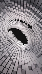 A dynamic abstract scene featuring white blocks arranged in a spiral pattern, symbolizing motion, geometry, and the concept of space, with a stark contrast between light and dark. 3D wallpaper