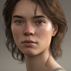 Naklejka premium A highly detailed, hyper-realistic close-up portrait of an AI-generated human face. This digital artwork features lifelike skin textures, expressive eyes, and natural lighting.
