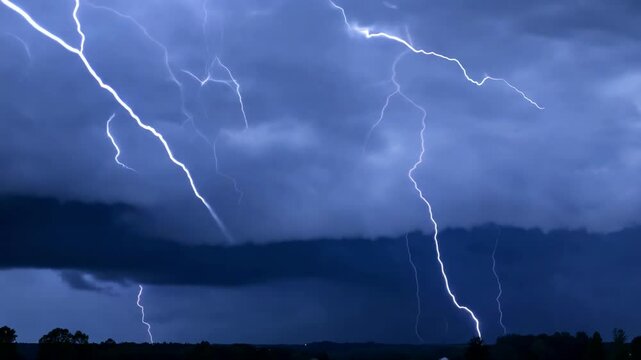 Powerful lightning strikes during a storm create an astonishing display across the darkening sky, casting eerie light over the surrounding landscape as thunder rumbles in the distance.
