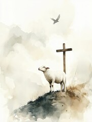 Idyllic Watercolor Landscape: Serenity and Spirituality with Sheep and Crosses in Nature