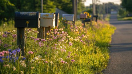 Mailboxes line roadside, wildflowers bloom brightly.