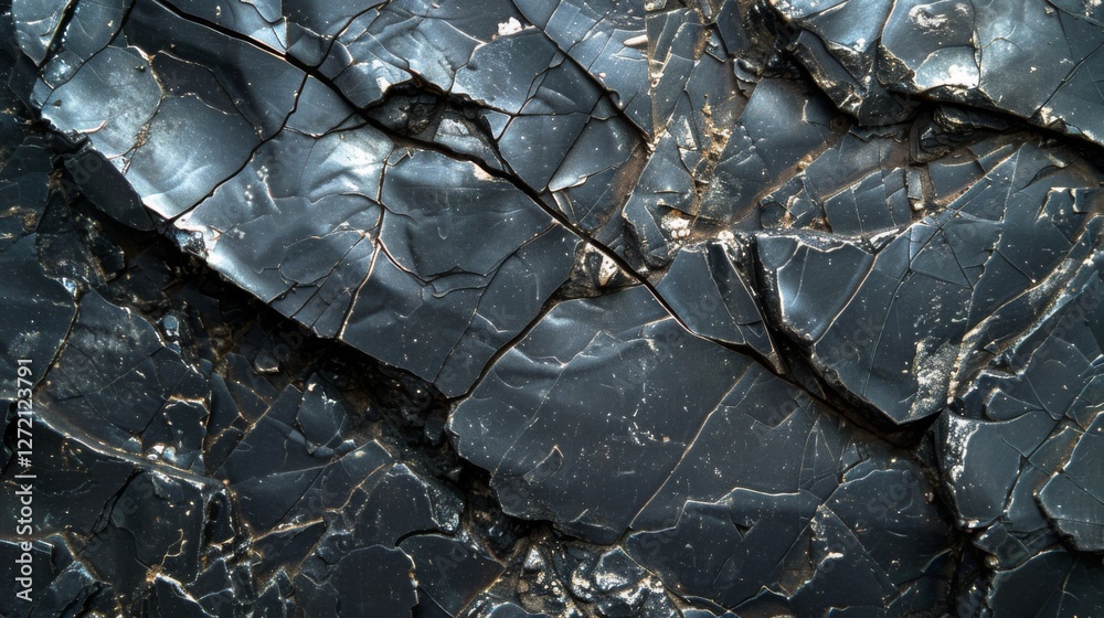 Fototapete close up view of dark volcanic rock with sharp edges and cracks, revealing intricate textures formed
