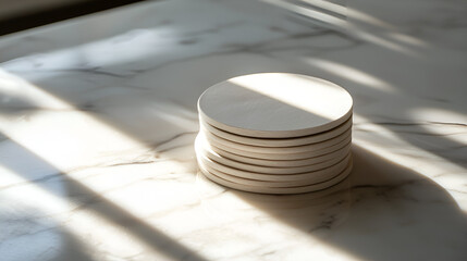 Stacked round coasters on a marble-patterned surface, illuminated by a warm light.