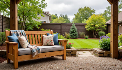 Cozy wooden bench with cushions in a garden setting