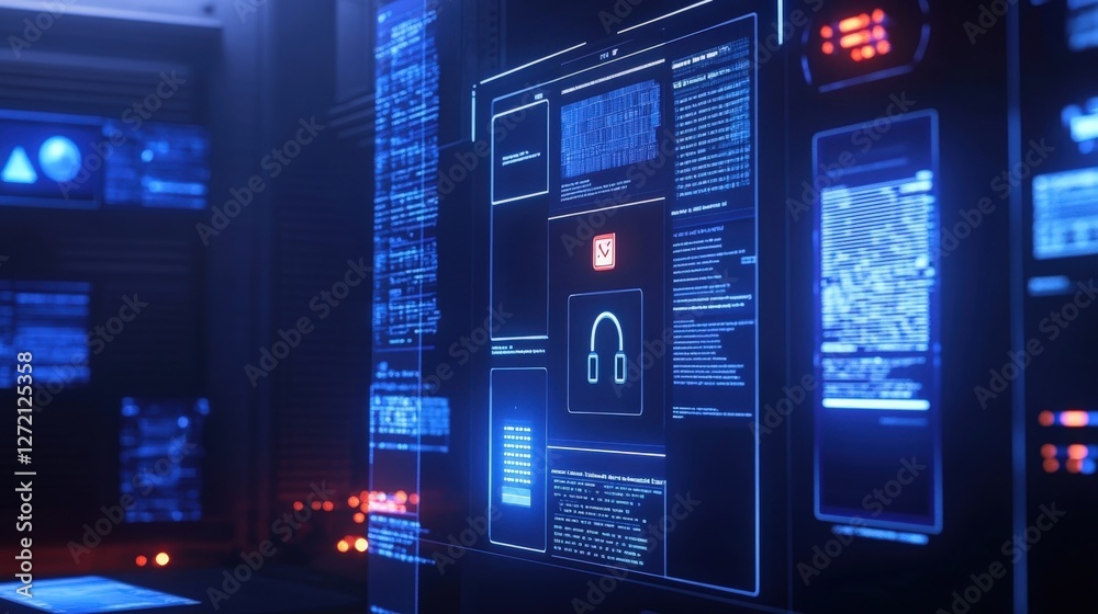 Poster futuristic transparent screen displaying code, data flow, and system information in a server room, e
