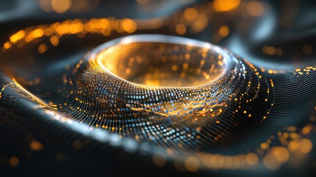 Complex mesh structures featuring glowing nodes and intricate connections symbolize the flow of data and the importance of cybersecurity within a dynamic digital network