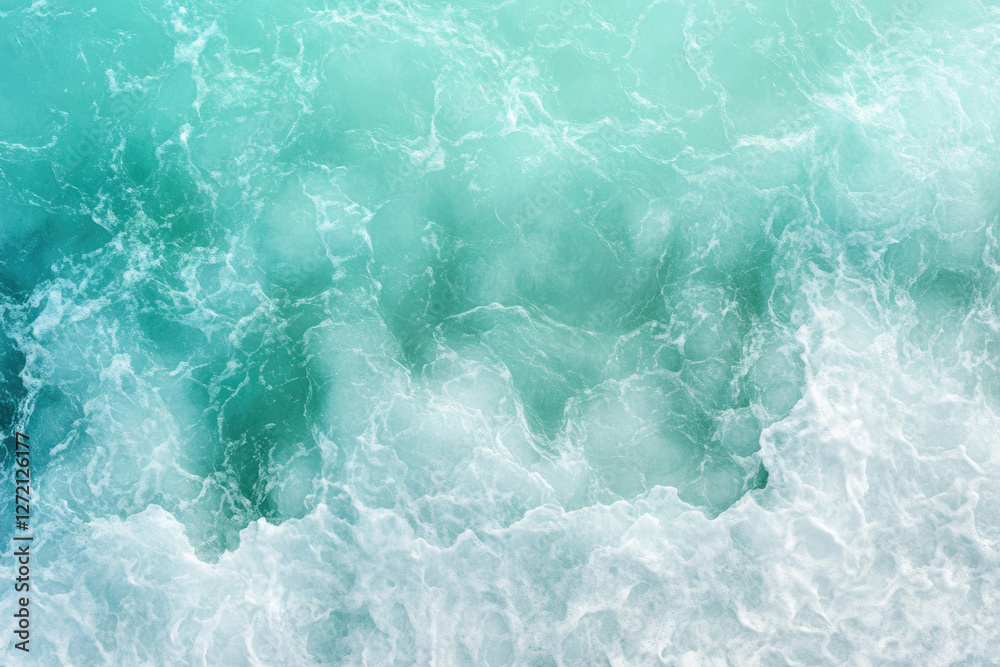 Poster turquoise water with white foam, a top view of ocean waves creating a textured background.