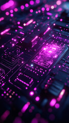 Obraz premium Futuristic circuit board with glowing pink lights. Technology concept with abstract digital design. Data processing and connectivity.