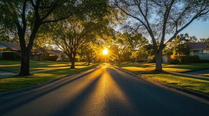Fototapeta premium Sunlit residential street, trees lining path.