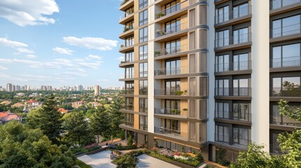 Modern apartment building exterior, city view, landscaped courtyard, sunny day, real estate