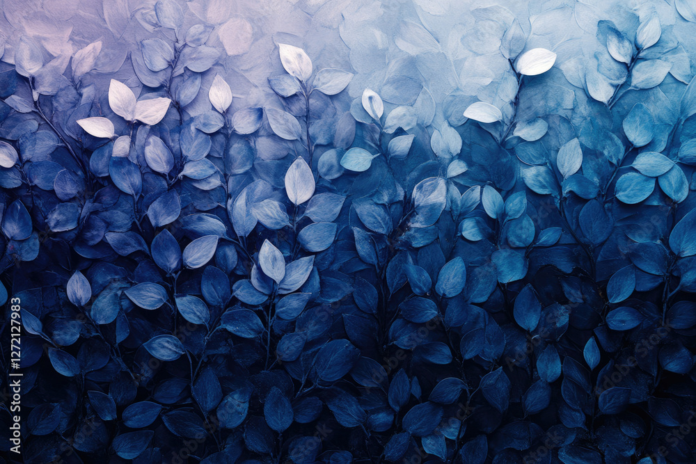 Poster Intricate blue leaf artwork with textured, ombre effect, creating a calming and serene visual.