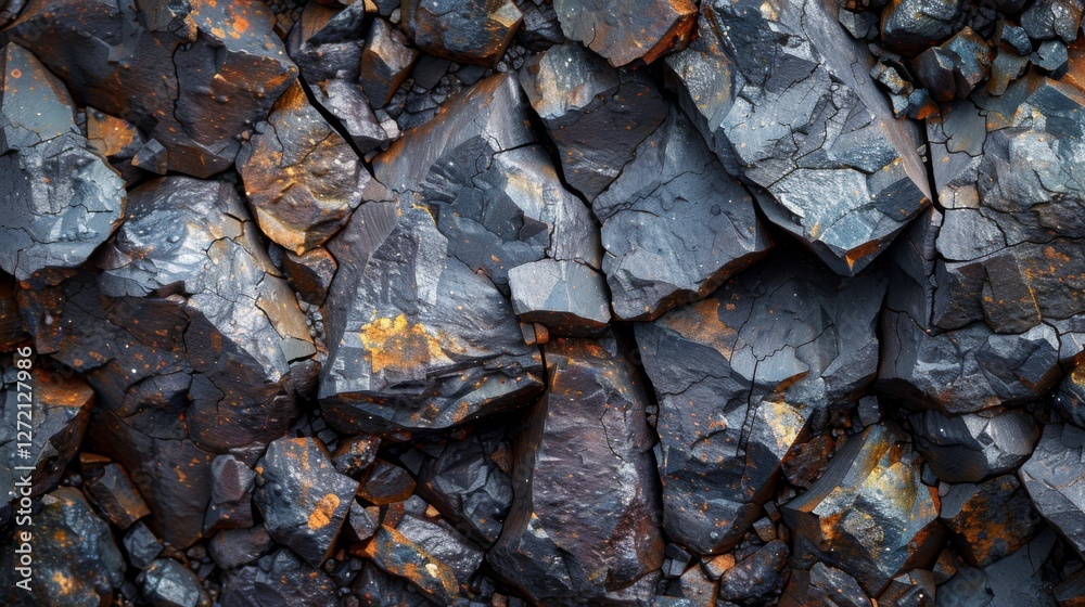 Fototapete Detailed textures of dark rocks displaying a natural metallic shine and hints of rust, showcasing the geological features in a rugged terrain under bright daylight.