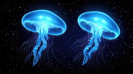 Bioluminescent jellyfish display underwater digital art cosmic environment vibrant viewpoint marine life concept