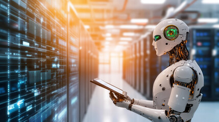 humanoid robot analyzing advanced data on digital interface in futuristic server room, holding tablet while reviewing complex analytics with artificial intelligence integration