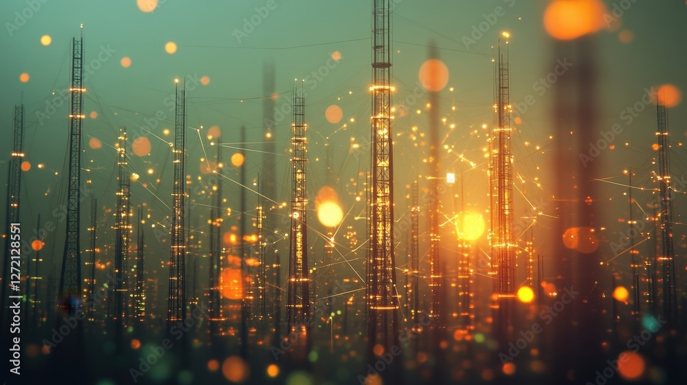 Poster complex network connecting futuristic metallic structures at sunset, creating a powerful visualizati