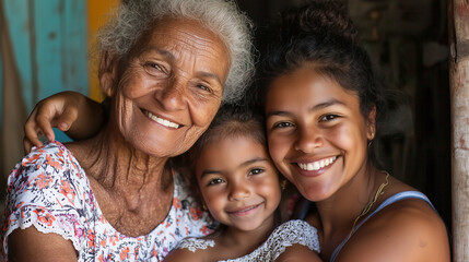 Fototapeta premium Smiling grandmother, mother, and child embrace on sofa, enjoying family time in Colombia.