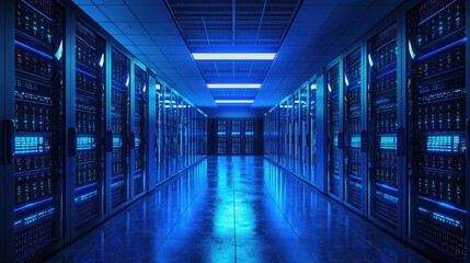 Fototapeta premium State-of-the-art data center with illuminated server racks and a polished floor reflecting blue lights. Ideal for cloud computing, cybersecurity, artificial intelligence, and network infrastructure