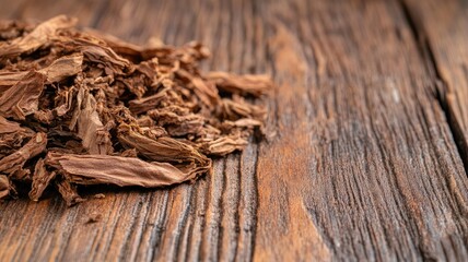 Dried tobacco leaves on rustic wooden surface