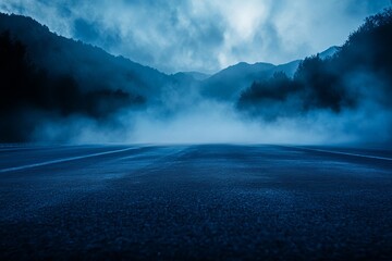 Serene Misty Mountain Road Dark Blue Foggy Landscape Dramatic Nature Scene Mysterious Atmospheric Twilight Road Trip Adventure Travel Background      