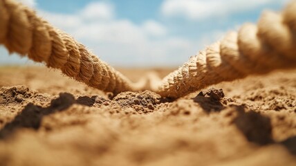 Close-up of thick rope lying in dry, sandy ground, symbolizing strength and resilience