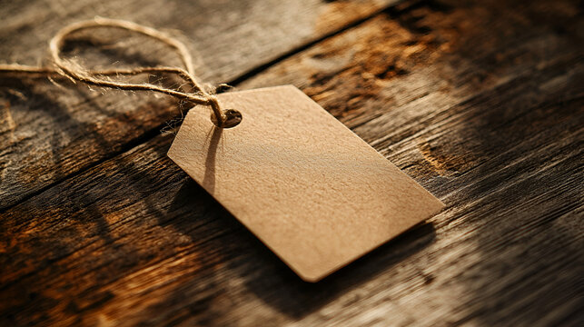 A blank paper tag rests on rustic wooden planks, inviting customization and a personal touch of creativity.
