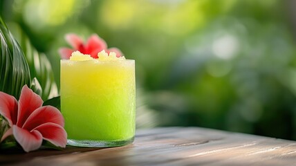 Refreshing green and yellow tropical drink with pink flowers on wooden surface
