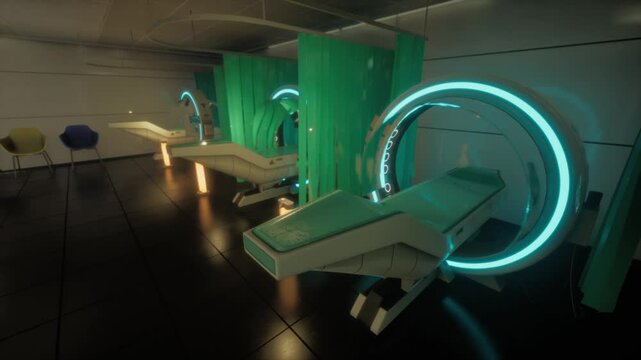This futuristic hospital interior showcases innovative medical beds with glowing technology, providing a glimpse into modern healthcaretechnological advancements and patient care design.