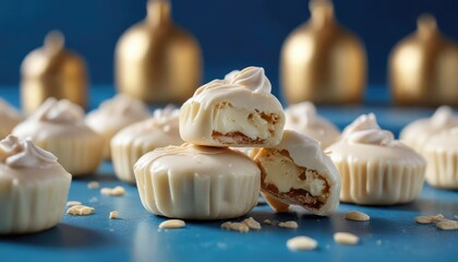 Elegant presentation of white chocolate pralines on a vibrant blue backdrop, event, festive, tempting
