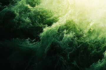 Abstract swirling green and yellow textures resembling fluid motion, smoke, or waves.