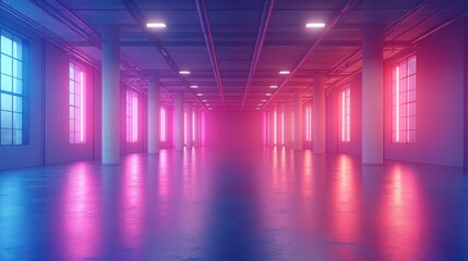 Brightly Lit Empty Warehouse with Neon Pink and Blue Lights