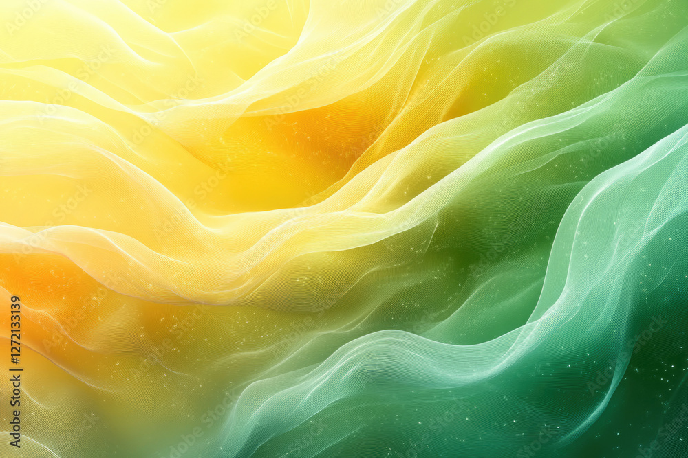 Poster Abstract background with flowing yellow and green fabric-like waves, creating a soft and dreamy aesthetic.
