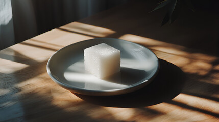 Sugar cube on a plate under bright natural light creates a contrast between shadow and illumination.