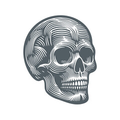 Skull Logo Icon. Vintage black and white hand drawn linocut style vector illustration.