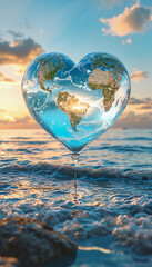 A heart-shaped globe of Earth above the ocean at sunset