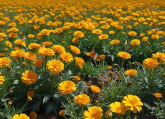 Obraz premium Field of bright yellow marigold flowers in full bloom with a few scattered bees and butterflies , wildflowers, fields, blooming