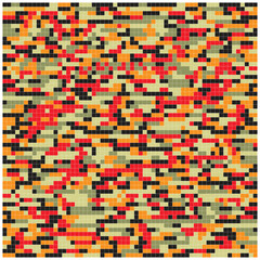 A seamless textured military camouflage background displaying a square pattern in muted earth tones., Digital pixel camouflage pattern in shades of green and beige,